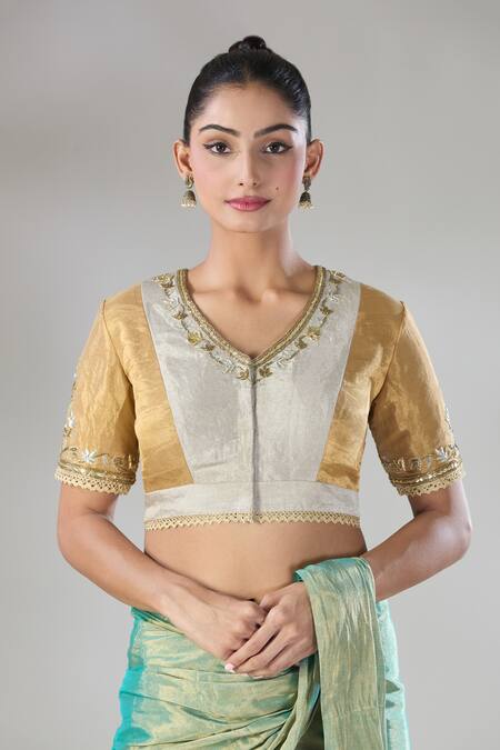 Sheela Suthar Gold Handwoven Pure Tissue Embroidered Zari V- Neck Suvarna Blouse Online at Aza Fashions Sheela Suthar_Gold Handwoven Pure Tissue Embroidered Zari V- Neck Suvarna Blouse _Online_at_Aza_Fashions