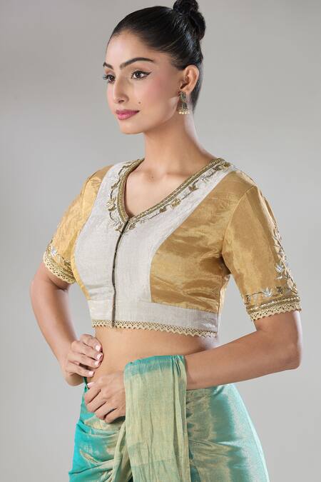 Buy Sheela Suthar Gold Handwoven Pure Tissue Embroidered Zari V- Neck Suvarna Blouse Online at Aza Fashions Buy_Sheela Suthar_Gold Handwoven Pure Tissue Embroidered Zari V- Neck Suvarna Blouse _Online_at_Aza_Fashions