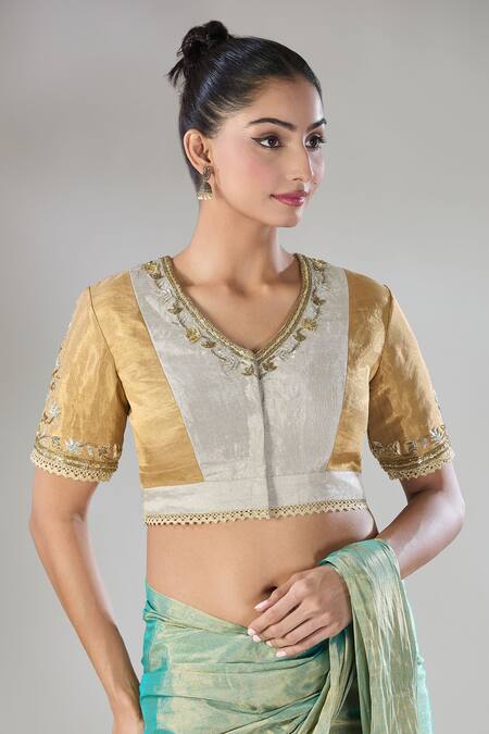 Shop Sheela Suthar Gold Handwoven Pure Tissue Embroidered Zari V- Neck Suvarna Blouse Online at Aza Fashions Shop_Sheela Suthar_Gold Handwoven Pure Tissue Embroidered Zari V- Neck Suvarna Blouse _Online_at_Aza_Fashions