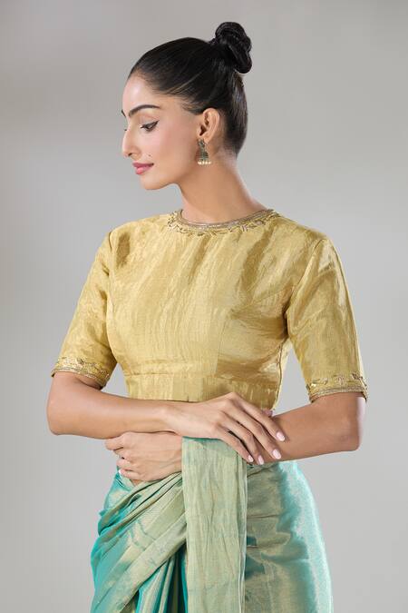 Buy_Sheela Suthar_Gold Handloom Cotton Zari Round Neck Embroidered Sira Blouse _Online_at_Aza_Fashions