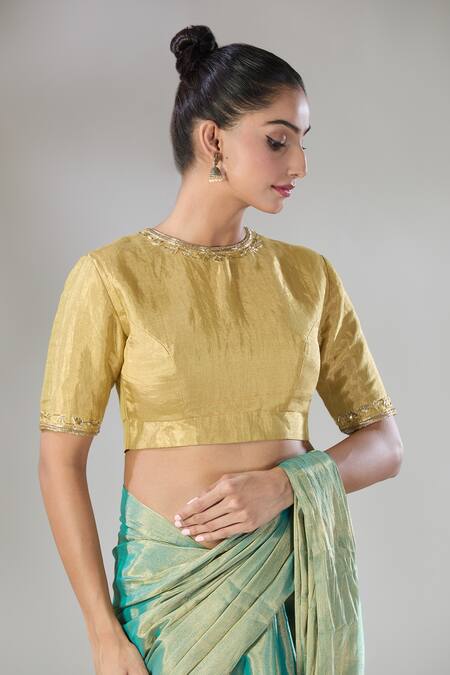 Shop_Sheela Suthar_Gold Handloom Cotton Zari Round Neck Embroidered Sira Blouse _Online_at_Aza_Fashions