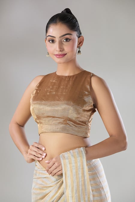 Sheela Suthar Gold Handloom Cotton Zari Halter Neck Arka Handwoven Tissue Blouse Online at Aza Fashions Sheela Suthar_Gold Handloom Cotton Zari Halter Neck Arka Handwoven Tissue Blouse _Online_at_Aza_Fashions