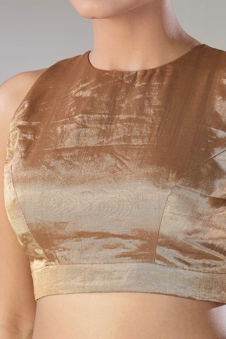 Sheela Suthar Gold Handloom Cotton Zari Halter Neck Arka Handwoven Tissue Blouse at Aza Fashions Sheela Suthar_Gold Handloom Cotton Zari Halter Neck Arka Handwoven Tissue Blouse _at_Aza_Fashions