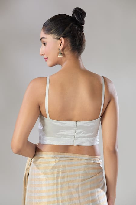 Shop Sheela Suthar Silver Handwoven Pure Tissue Square Sava Blouse at Aza Fashions Shop_Sheela Suthar_Silver Handwoven Pure Tissue Square Sava Blouse _at_Aza_Fashions