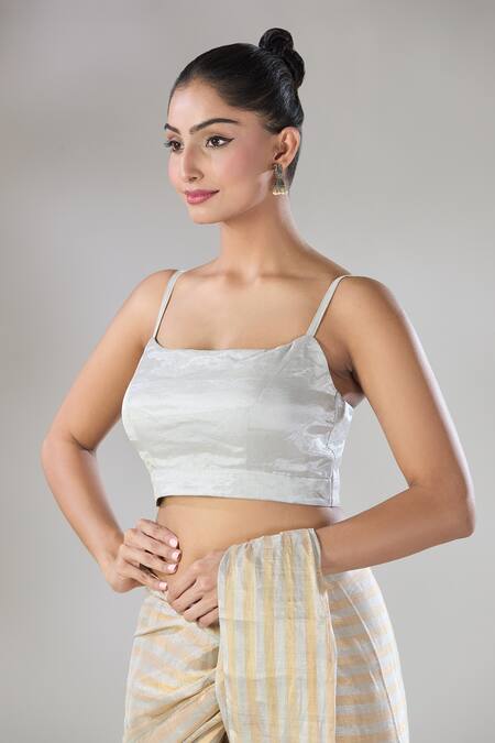 Sheela Suthar Silver Handwoven Pure Tissue Square Sava Blouse Online at Aza Fashions Sheela Suthar_Silver Handwoven Pure Tissue Square Sava Blouse _Online_at_Aza_Fashions