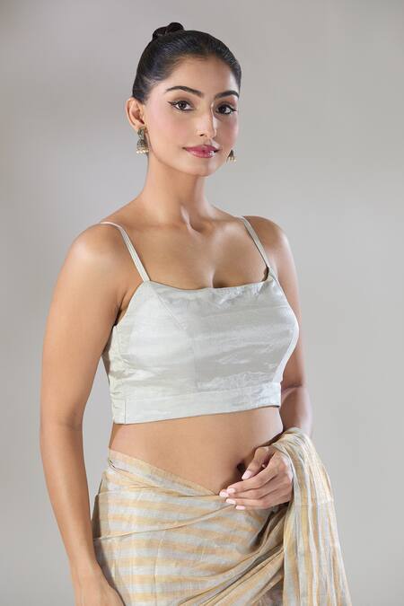 Buy Sheela Suthar Silver Handwoven Pure Tissue Square Sava Blouse Online at Aza Fashions Buy_Sheela Suthar_Silver Handwoven Pure Tissue Square Sava Blouse _Online_at_Aza_Fashions