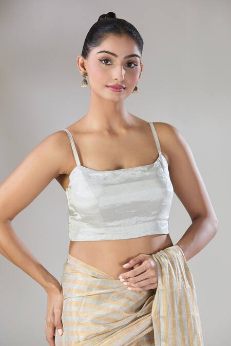 Shop Sheela Suthar Silver Handwoven Pure Tissue Square Sava Blouse Online at Aza Fashions Shop_Sheela Suthar_Silver Handwoven Pure Tissue Square Sava Blouse _Online_at_Aza_Fashions