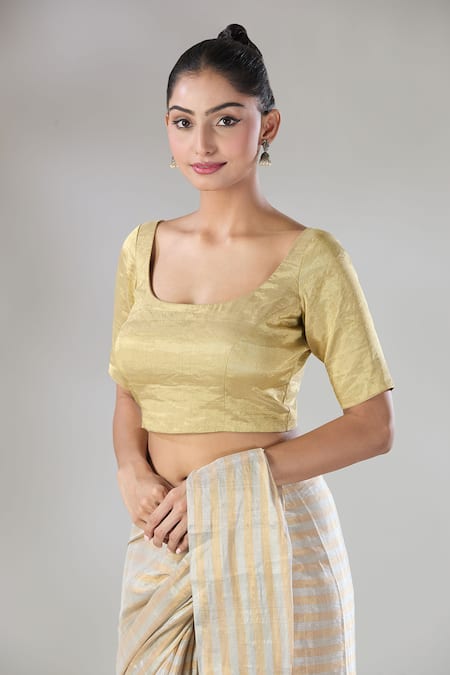 Sheela Suthar Gold Handwoven Pure Tissue Scoop Sira Blouse Online at Aza Fashions Sheela Suthar_Gold Handwoven Pure Tissue Scoop Sira Blouse _Online_at_Aza_Fashions