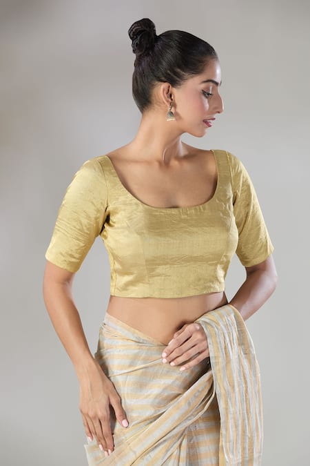 Buy Sheela Suthar Gold Handwoven Pure Tissue Scoop Sira Blouse Online at Aza Fashions Buy_Sheela Suthar_Gold Handwoven Pure Tissue Scoop Sira Blouse _Online_at_Aza_Fashions