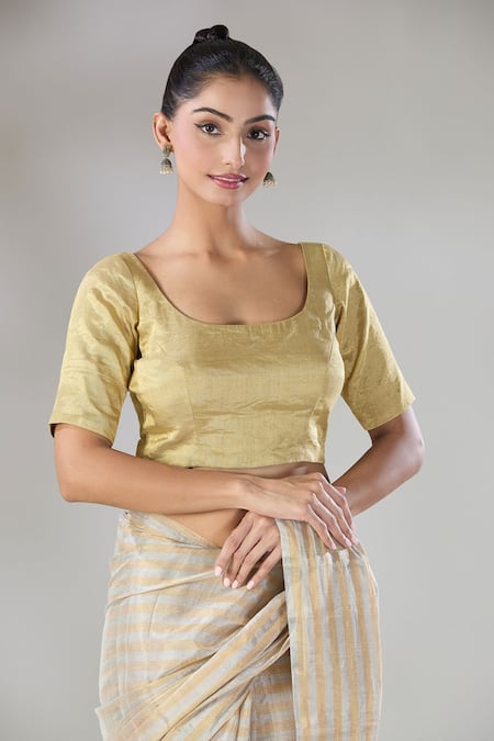 Shop Sheela Suthar Gold Handwoven Pure Tissue Scoop Sira Blouse Online at Aza Fashions Shop_Sheela Suthar_Gold Handwoven Pure Tissue Scoop Sira Blouse _Online_at_Aza_Fashions