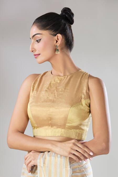 Sheela Suthar Gold Handwoven Pure Tissue Halter Two Toned Sira Zari Blouse Online at Aza Fashions Sheela Suthar_Gold Handwoven Pure Tissue Halter Two Toned Sira Zari Blouse _Online_at_Aza_Fashions