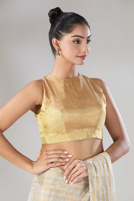 Buy Sheela Suthar Gold Handwoven Pure Tissue Halter Two Toned Sira Zari Blouse Online at Aza Fashions Buy_Sheela Suthar_Gold Handwoven Pure Tissue Halter Two Toned Sira Zari Blouse _Online_at_Aza_Fashions