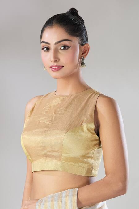 Sheela Suthar Gold Handwoven Pure Tissue Halter Two Toned Sira Zari Blouse at Aza Fashions Sheela Suthar_Gold Handwoven Pure Tissue Halter Two Toned Sira Zari Blouse _at_Aza_Fashions