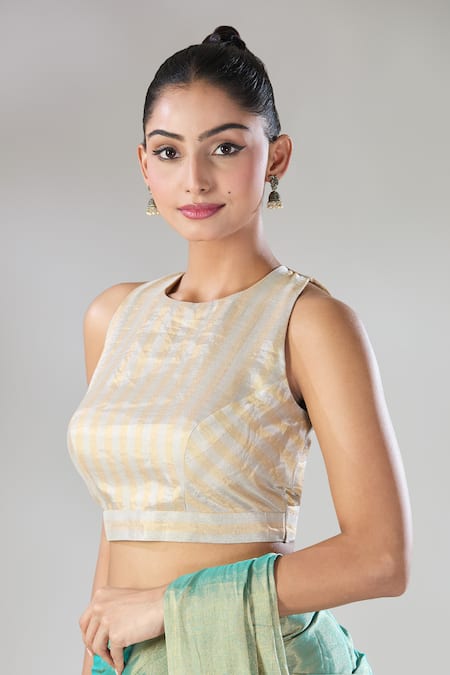 Sheela Suthar_Silver Handloom Cotton Halter Neck Hima Pure Tissue Blouse _Online_at_Aza_Fashions