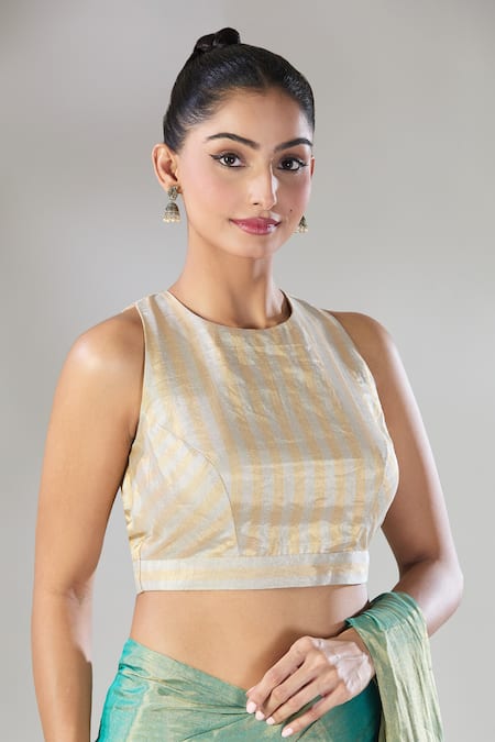 Buy_Sheela Suthar_Silver Handloom Cotton Halter Neck Hima Pure Tissue Blouse _Online_at_Aza_Fashions