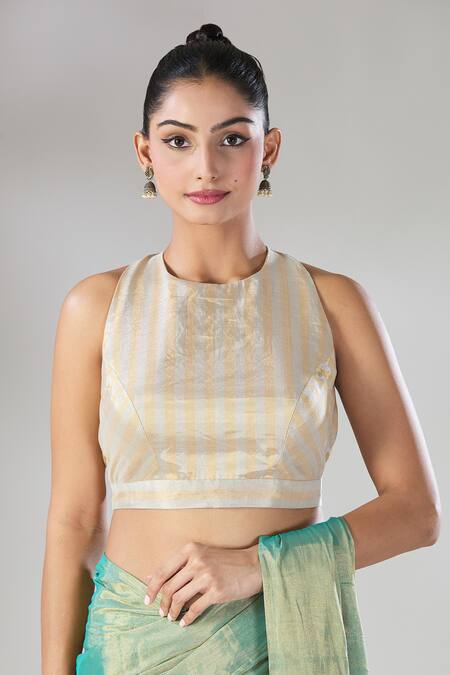 Sheela Suthar_Silver Handloom Cotton Halter Neck Hima Pure Tissue Blouse _at_Aza_Fashions