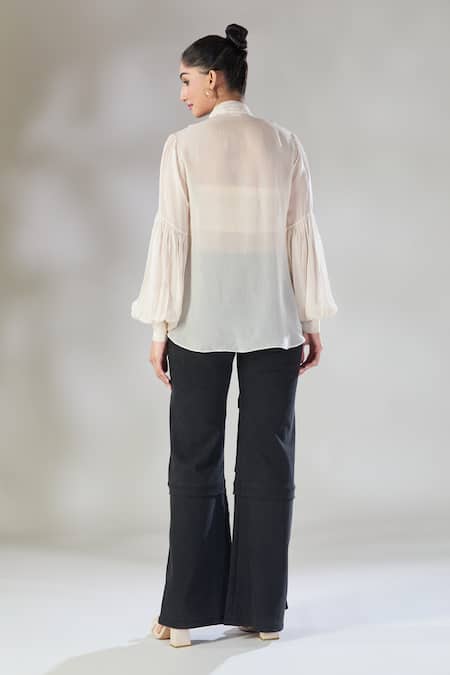 Shop Sheela Suthar Ivory Soft Organza Tie-up Neckline Shirt at Aza Fashions Shop_Sheela Suthar_Ivory Soft Organza Tie-up Neckline Shirt _at_Aza_Fashions