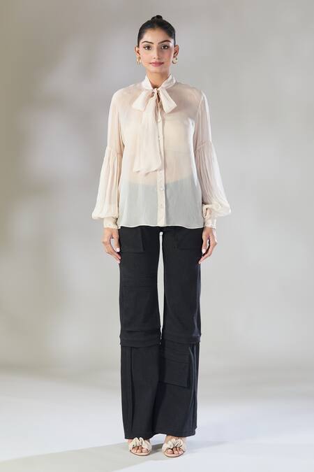 Sheela Suthar Ivory Soft Organza Tie-up Neckline Shirt Online at Aza Fashions Sheela Suthar_Ivory Soft Organza Tie-up Neckline Shirt _Online_at_Aza_Fashions