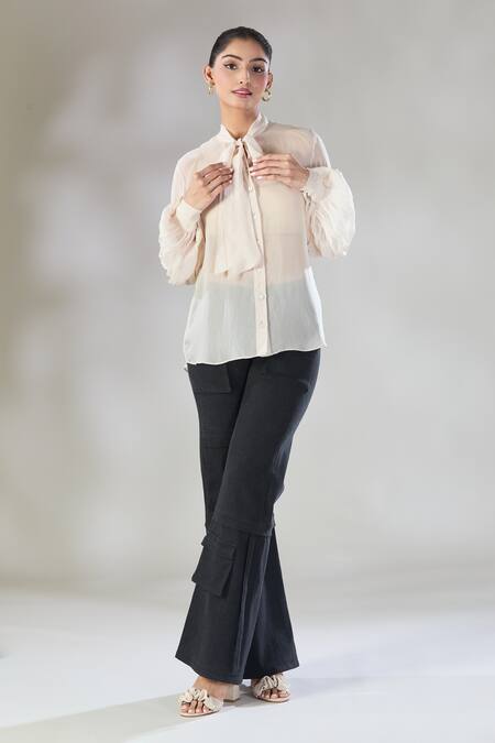 Buy Sheela Suthar Ivory Soft Organza Tie-up Neckline Shirt Online at Aza Fashions Buy_Sheela Suthar_Ivory Soft Organza Tie-up Neckline Shirt _Online_at_Aza_Fashions
