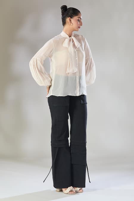 Shop Sheela Suthar Ivory Soft Organza Tie-up Neckline Shirt Online at Aza Fashions Shop_Sheela Suthar_Ivory Soft Organza Tie-up Neckline Shirt _Online_at_Aza_Fashions