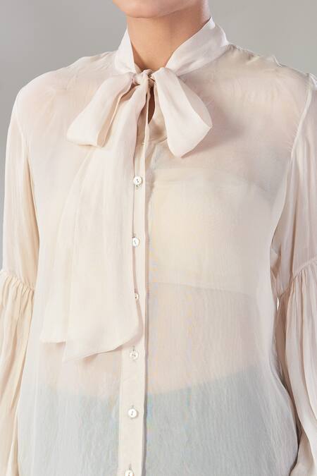 Sheela Suthar Ivory Soft Organza Tie-up Neckline Shirt at Aza Fashions Sheela Suthar_Ivory Soft Organza Tie-up Neckline Shirt _at_Aza_Fashions