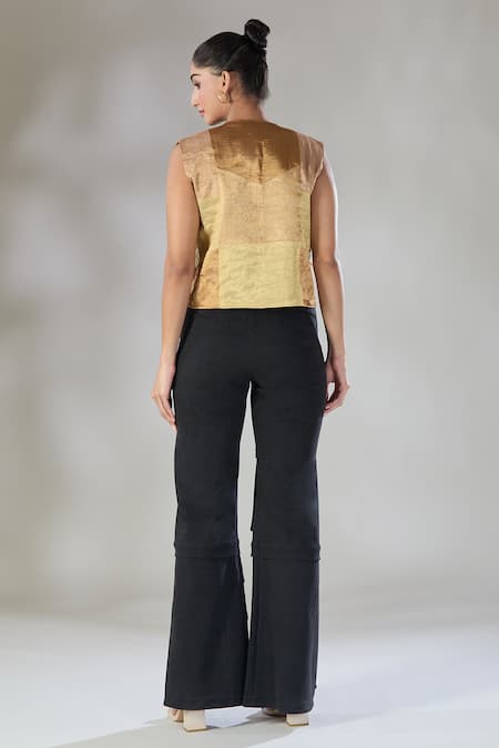 Shop Sheela Suthar Gold Handwoven Pure Tissue Open Suvarna Color Blocked Short Jacket at Aza Fashions Shop_Sheela Suthar_Gold Handwoven Pure Tissue Open Suvarna Color Blocked Short Jacket _at_Aza_Fashions