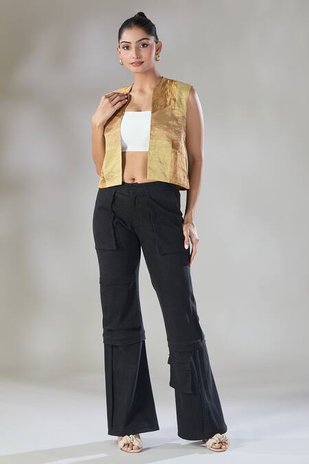 Buy Sheela Suthar Gold Handwoven Pure Tissue Open Suvarna Color Blocked Short Jacket Online at Aza Fashions Buy_Sheela Suthar_Gold Handwoven Pure Tissue Open Suvarna Color Blocked Short Jacket _Online_at_Aza_Fashions