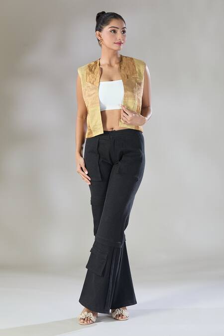 Shop Sheela Suthar Gold Handwoven Pure Tissue Open Suvarna Color Blocked Short Jacket Online at Aza Fashions Shop_Sheela Suthar_Gold Handwoven Pure Tissue Open Suvarna Color Blocked Short Jacket _Online_at_Aza_Fashions