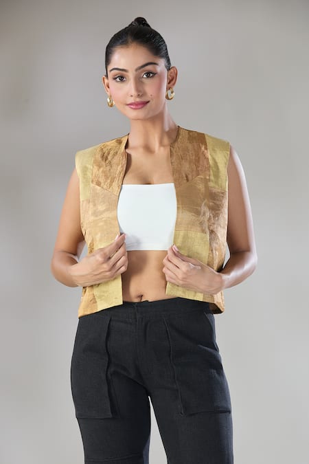 Sheela Suthar Gold Handwoven Pure Tissue Open Suvarna Color Blocked Short Jacket at Aza Fashions Sheela Suthar_Gold Handwoven Pure Tissue Open Suvarna Color Blocked Short Jacket _at_Aza_Fashions