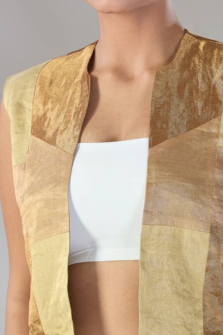 Buy Sheela Suthar Gold Handwoven Pure Tissue Open Suvarna Color Blocked Short Jacket Buy_Sheela Suthar_Gold Handwoven Pure Tissue Open Suvarna Color Blocked Short Jacket