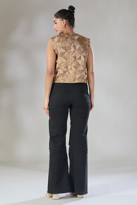 Shop Sheela Suthar Gold Handwoven Pure Tissue Open Diamond Geometric Pattern Jacket at Aza Fashions Shop_Sheela Suthar_Gold Handwoven Pure Tissue Open Diamond Geometric Pattern Jacket _at_Aza_Fashions