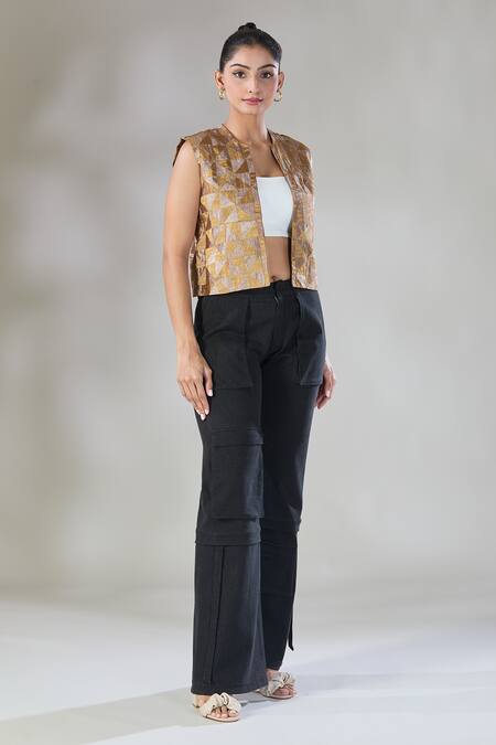 Buy Sheela Suthar Gold Handwoven Pure Tissue Open Diamond Geometric Pattern Jacket Online at Aza Fashions Buy_Sheela Suthar_Gold Handwoven Pure Tissue Open Diamond Geometric Pattern Jacket _Online_at_Aza_Fashions