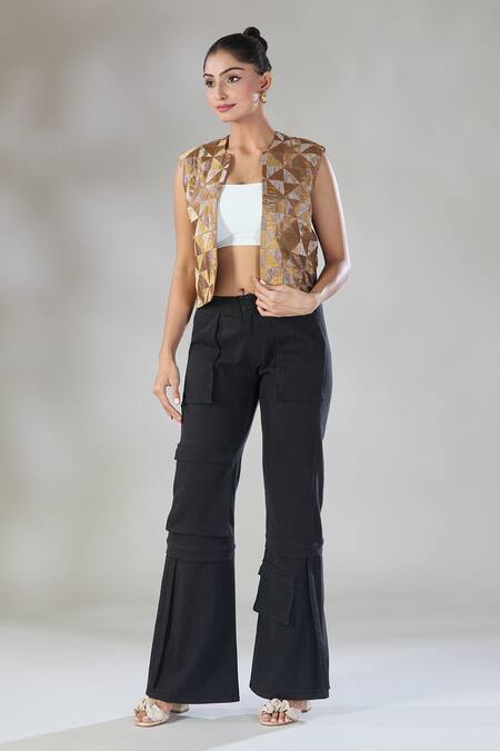 Shop Sheela Suthar Gold Handwoven Pure Tissue Open Diamond Geometric Pattern Jacket Online at Aza Fashions Shop_Sheela Suthar_Gold Handwoven Pure Tissue Open Diamond Geometric Pattern Jacket _Online_at_Aza_Fashions