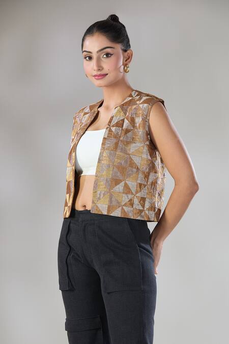 Sheela Suthar Gold Handwoven Pure Tissue Open Diamond Geometric Pattern Jacket at Aza Fashions Sheela Suthar_Gold Handwoven Pure Tissue Open Diamond Geometric Pattern Jacket _at_Aza_Fashions