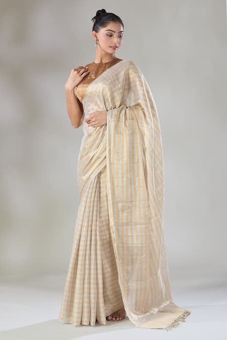 Sheela Suthar Silver Handloom Cotton Zari Hima Striped Tissue Saree Online at Aza Fashions Sheela Suthar_Silver Handloom Cotton Zari Hima Striped Tissue Saree _Online_at_Aza_Fashions