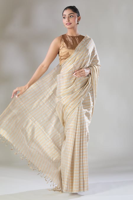 Buy Sheela Suthar Silver Handloom Cotton Zari Hima Striped Tissue Saree Online at Aza Fashions Buy_Sheela Suthar_Silver Handloom Cotton Zari Hima Striped Tissue Saree _Online_at_Aza_Fashions
