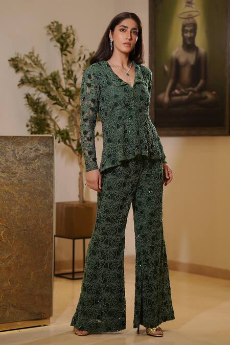 Mehul Gupta_Green Lace Embroidery Beads Spread Gardenia Peplum Top With Bell Bottom Trouser_Online_at_Aza_Fashions