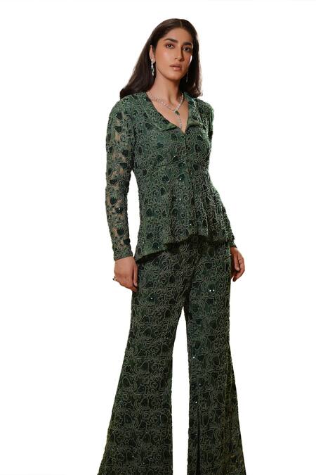 Buy_Mehul Gupta_Green Lace Embroidery Beads Spread Gardenia Peplum Top With Bell Bottom Trouser_Online_at_Aza_Fashions