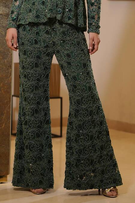 Shop_Mehul Gupta_Green Lace Embroidery Beads Spread Gardenia Peplum Top With Bell Bottom Trouser_Online_at_Aza_Fashions