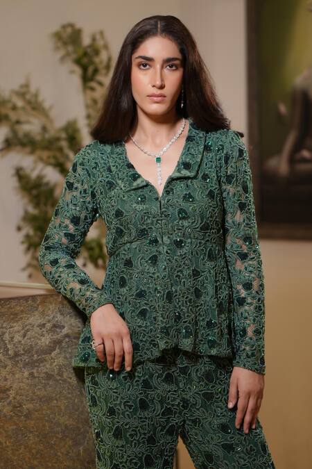 Buy_Mehul Gupta_Green Lace Embroidery Beads Spread Gardenia Peplum Top With Bell Bottom Trouser