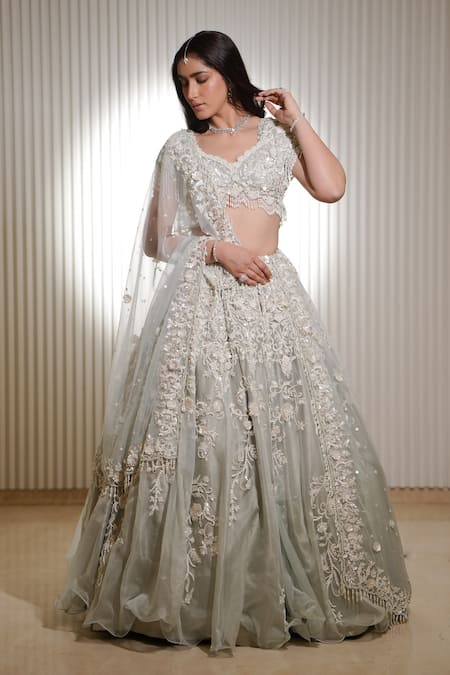 Mehul Gupta Pearl Bloom Embroidered Bridal Lehenga Set 