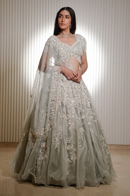 Mehul Gupta_Ivory Organza Pearls, Sequins, Tassels Bloom Embroidered Bridal Lehenga Set _Online_at_Aza_Fashions