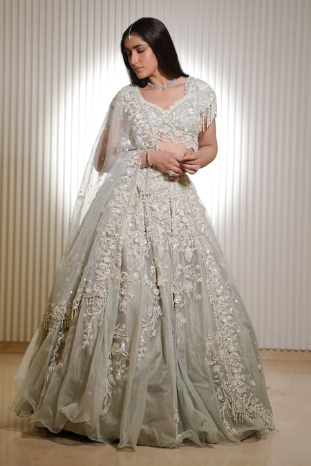Buy_Mehul Gupta_Ivory Organza Pearls, Sequins, Tassels Bloom Embroidered Bridal Lehenga Set _Online_at_Aza_Fashions
