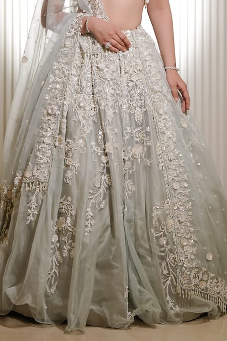 Shop_Mehul Gupta_Ivory Organza Pearls, Sequins, Tassels Bloom Embroidered Bridal Lehenga Set _Online_at_Aza_Fashions