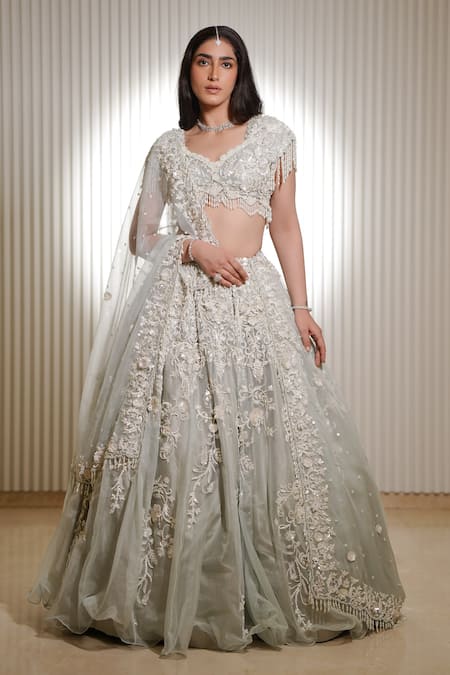 Mehul Gupta_Ivory Organza Pearls, Sequins, Tassels Bloom Embroidered Bridal Lehenga Set _at_Aza_Fashions