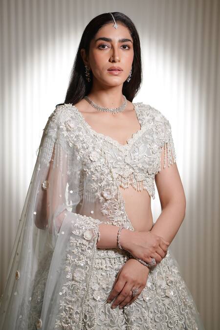 Buy_Mehul Gupta_Ivory Organza Pearls, Sequins, Tassels Bloom Embroidered Bridal Lehenga Set 