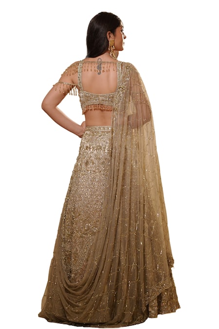 Mehul Gupta Gold Net, Silk Satin Pearls, Shimmery Hour Embroidered Bridal Lehenga Set Online at Aza Fashions Mehul Gupta_Gold Net, Silk Satin Pearls, Shimmery Hour Embroidered Bridal Lehenga Set _Online_at_Aza_Fashions