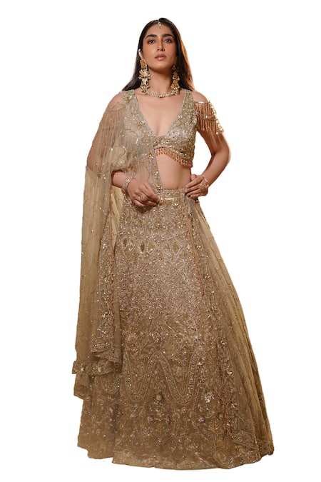 Shop Mehul Gupta Gold Net, Silk Satin Pearls, Shimmery Hour Embroidered Bridal Lehenga Set Online at Aza Fashions Shop_Mehul Gupta_Gold Net, Silk Satin Pearls, Shimmery Hour Embroidered Bridal Lehenga Set _Online_at_Aza_Fashions