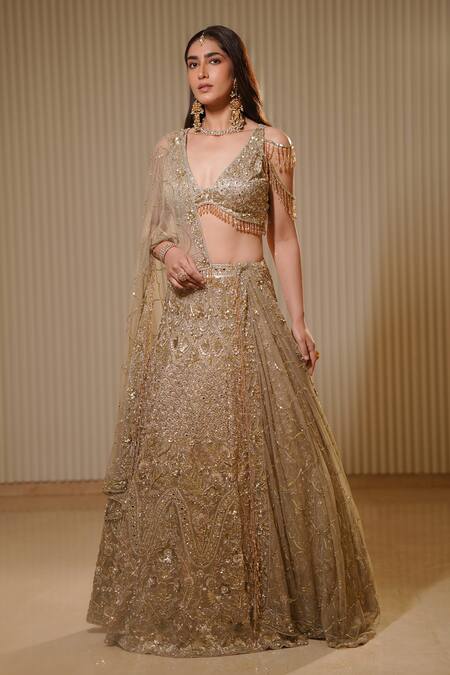 Mehul Gupta_Gold Net, Silk Satin Pearls, Shimmery Hour Embroidered Bridal Lehenga Set _at_Aza_Fashions