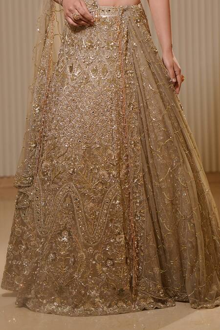 Buy Mehul Gupta Gold Net, Silk Satin Pearls, Shimmery Hour Embroidered Bridal Lehenga Set Buy_Mehul Gupta_Gold Net, Silk Satin Pearls, Shimmery Hour Embroidered Bridal Lehenga Set